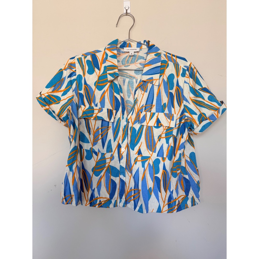 Calligraphie Linen Blend Tropical Leaf Print Button Down Shirt Blue Orange M